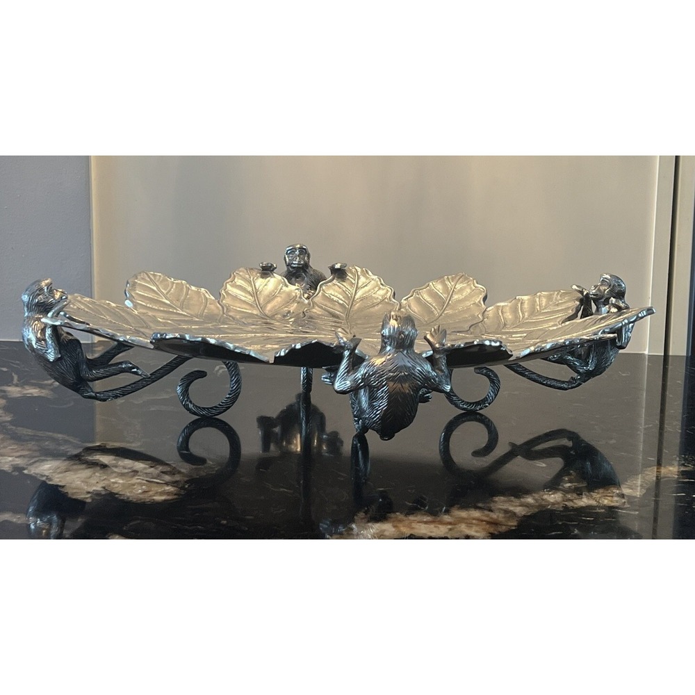 RARE Vintage Z Gallerie Large Metal Leaf Fruit Tray w Monkeys 22.5"x 17.5"x 5.5"